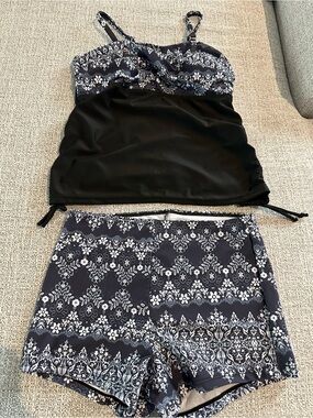 New Black Navy & White Patterned Tankini Set - Two-Piece Swimwear Size Medium